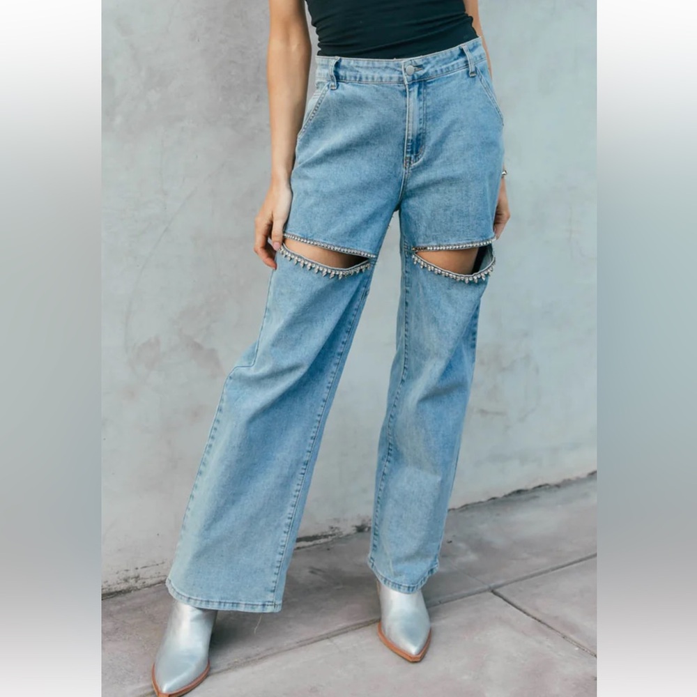 Blue B Rhinestone Cutout Jeans